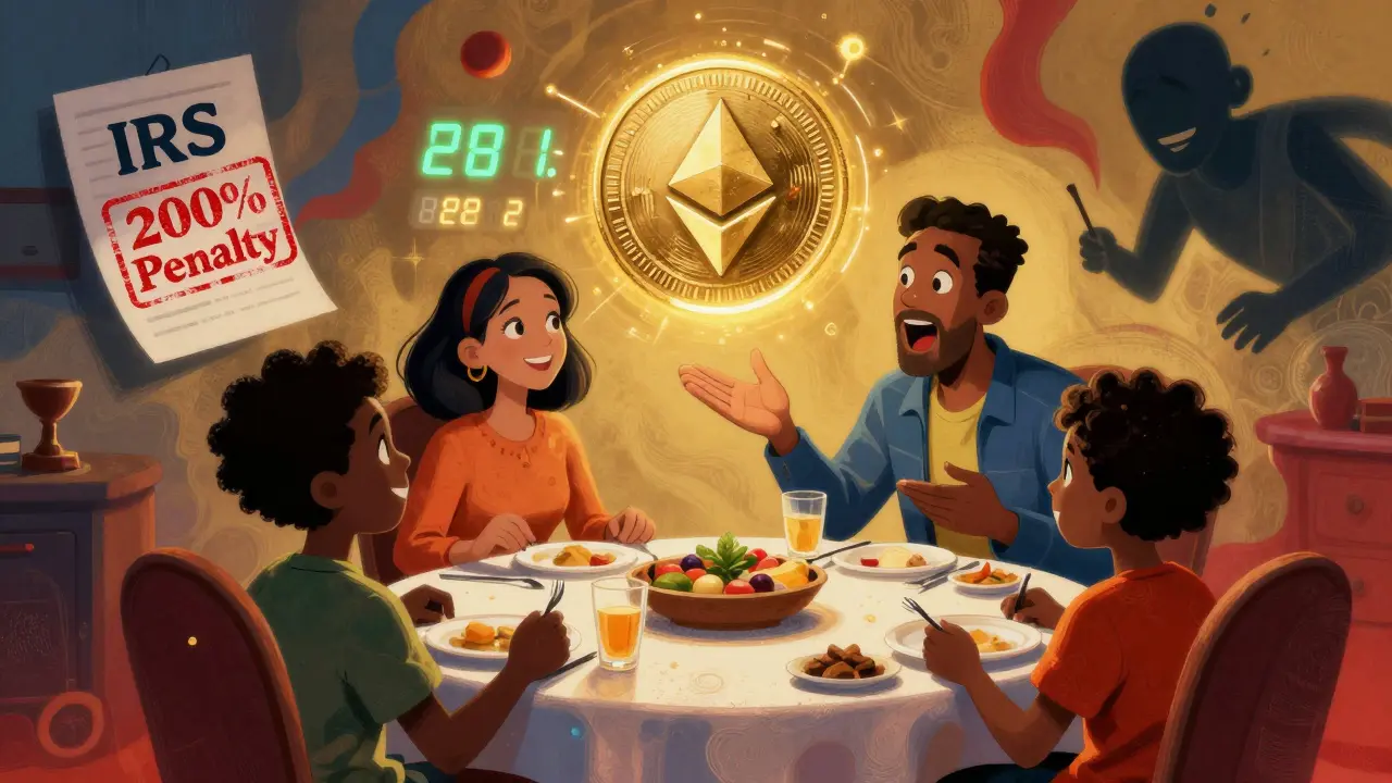 A family discusses crypto staking rewards at dinner, with a glowing Ethereum coin above them and an audit notice looming in the background.