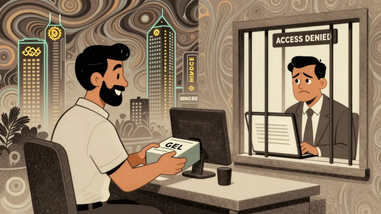 A Georgian trader depositing local currency while an international user is blocked, shown in Wes Wilson psychedelic art style.