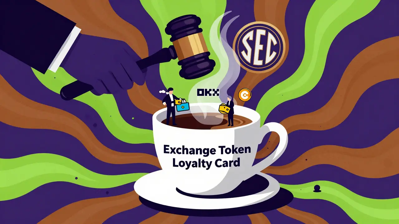 A giant coffee cup with exchange logos in steam, surrounded by traders and a looming regulatory gavel.