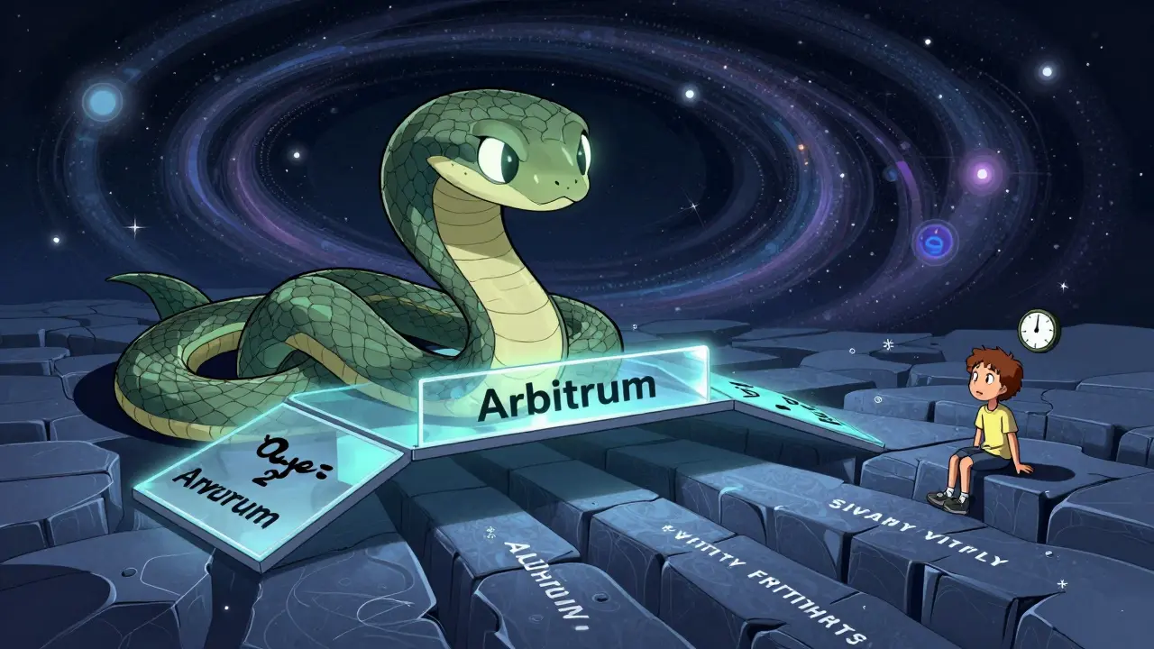 A Layer 2 bridge over a slow-moving Ethereum serpent, with a user waiting for finality confirmation.