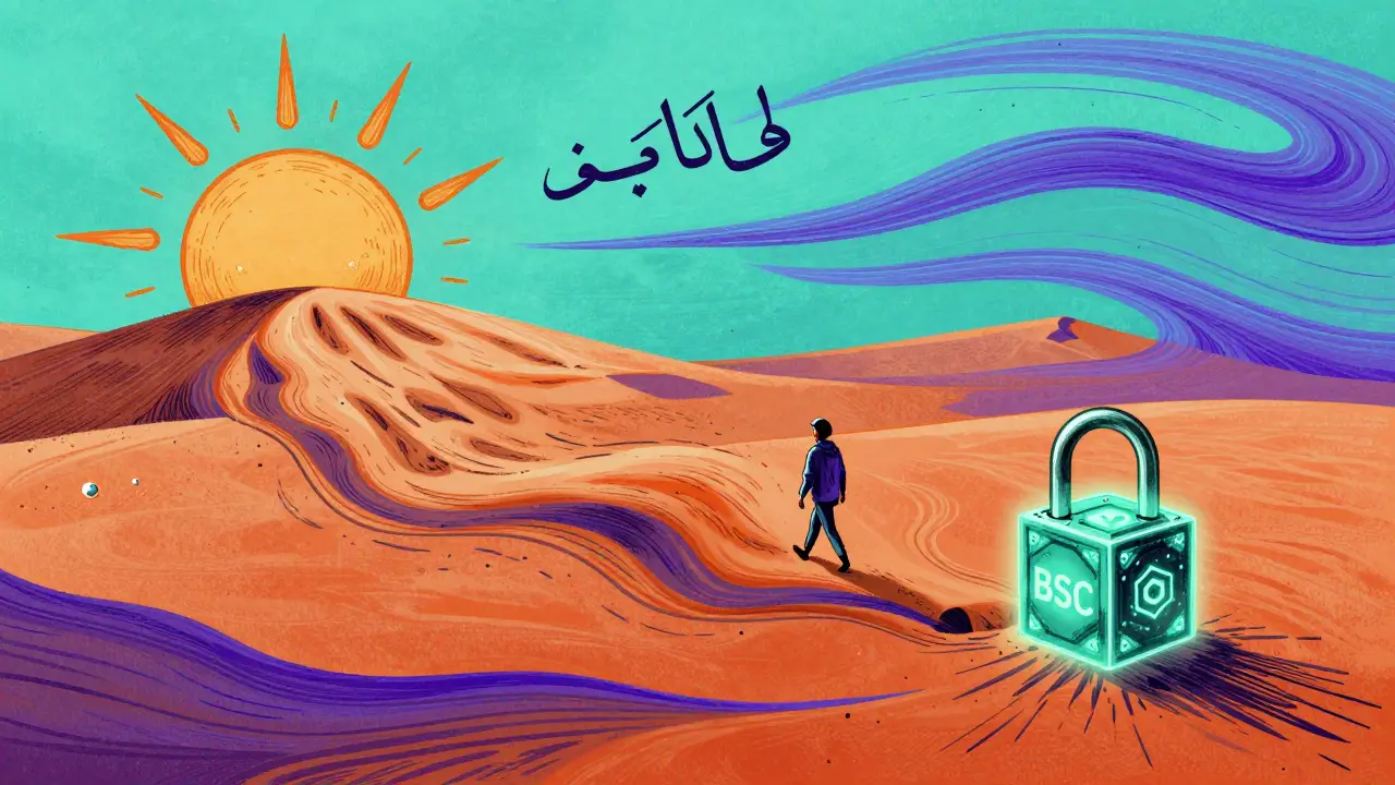 A locked blockchain dissolving into desert wind forming blessings and a fading figure walking away.