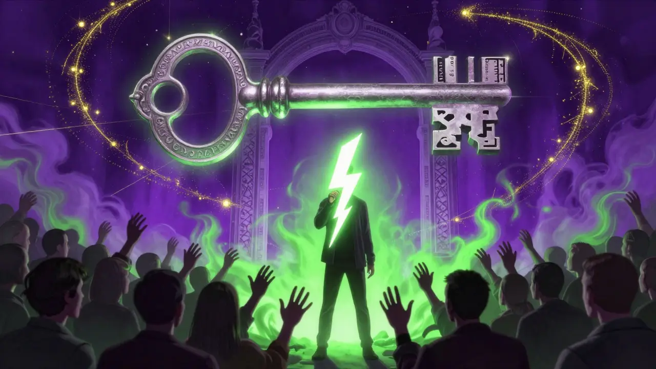 A person holding a glowing private key as digital signatures spiral upward, surrounded by a radiant public key.