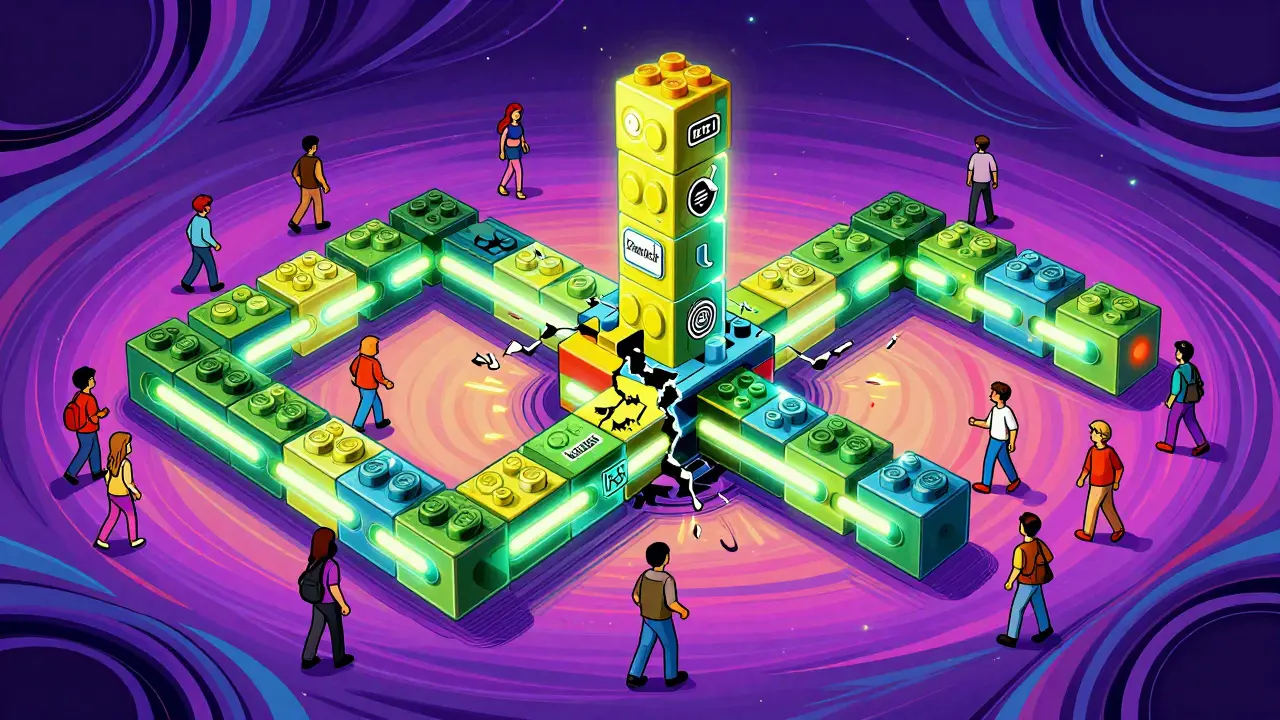 A resilient Lego-like blockchain structure with glowing connections and users moving freely between chains.