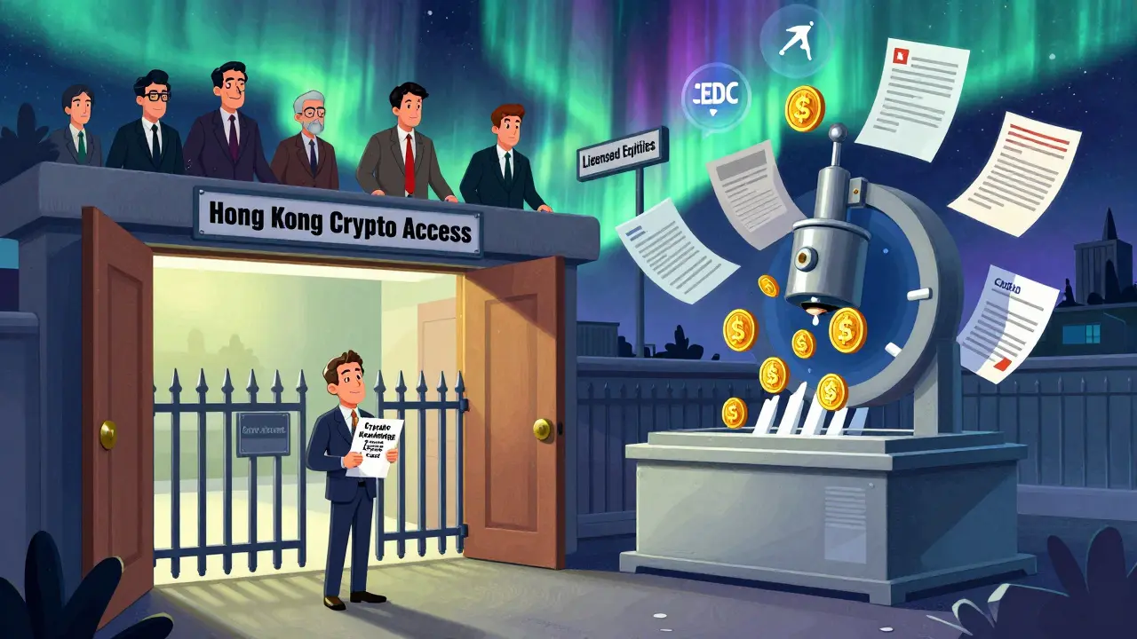 A retail investor facing a knowledge test at a gated portal while institutional investors pass through, tokens being sorted by a mechanical classifier.