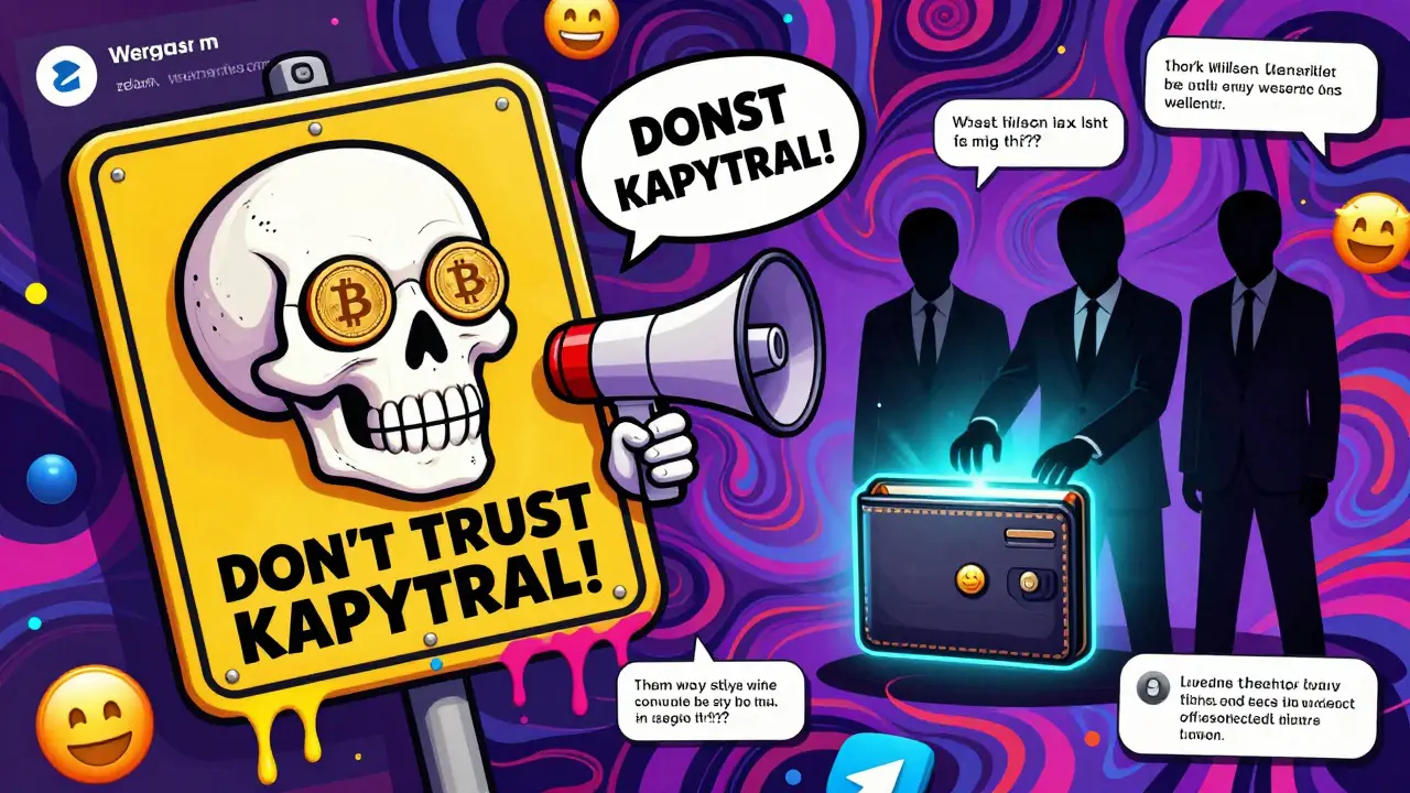 A skull warning sign shouting about Kapytal scams, with shadowy thieves stealing seed phrases in chaotic psychedelic background.
