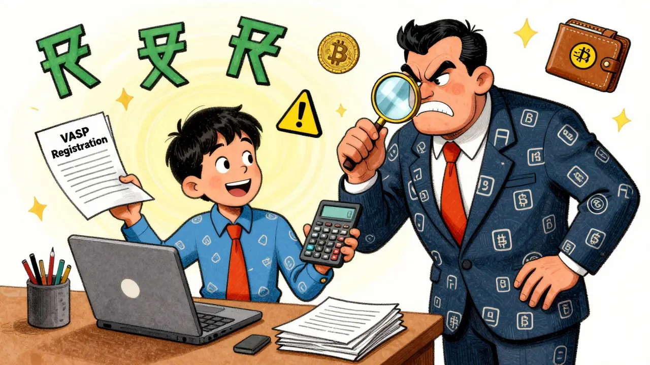 A small business owner struggles with crypto records and VASP registration while an SEC officer watches, surrounded by blockchain patterns and warning signs.