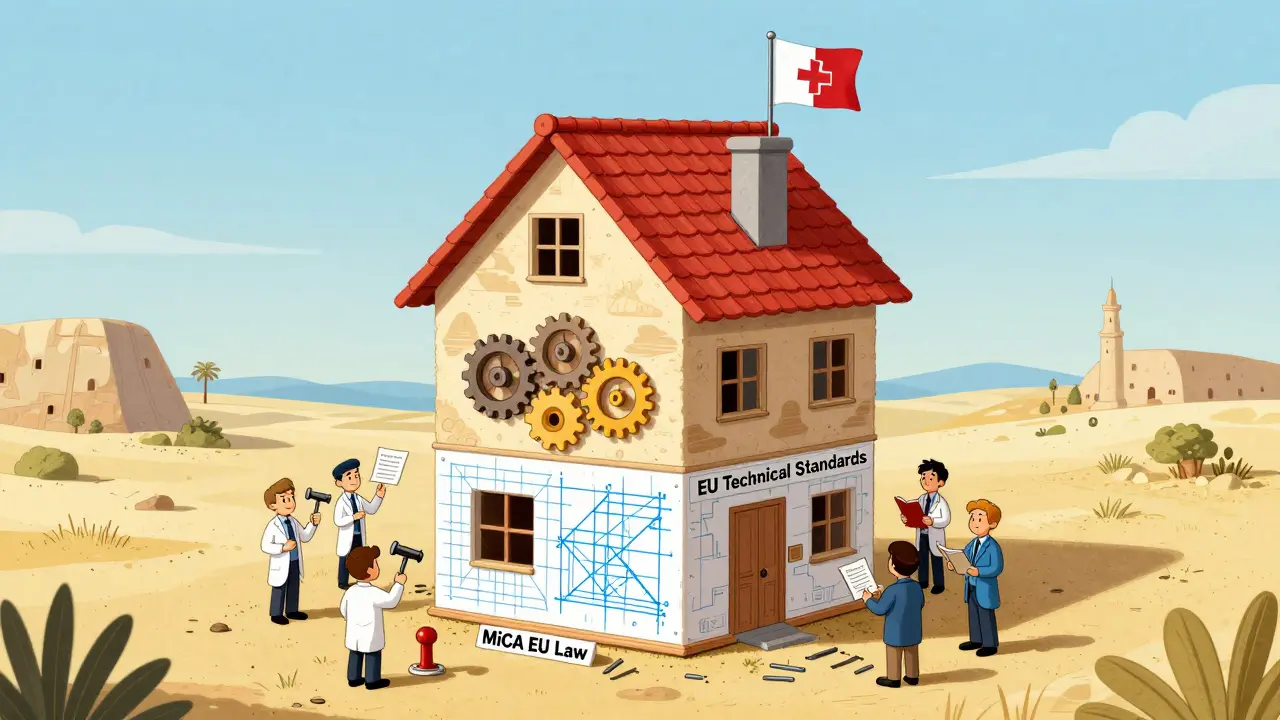 A three-layer house representing EU and Maltese crypto regulations under construction.