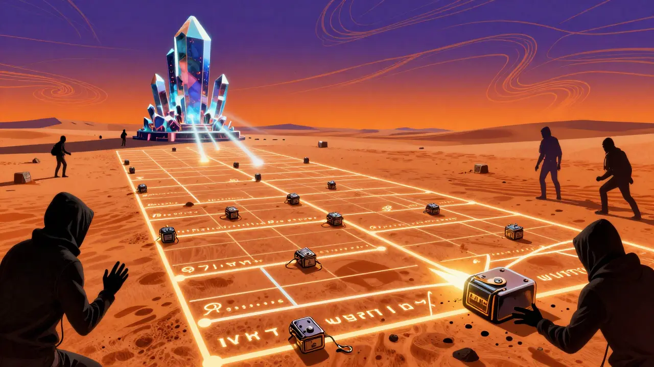 A vast blockchain tapestry under a glowing sky, with a quantum computer probing it while hackers attempt to alter it.