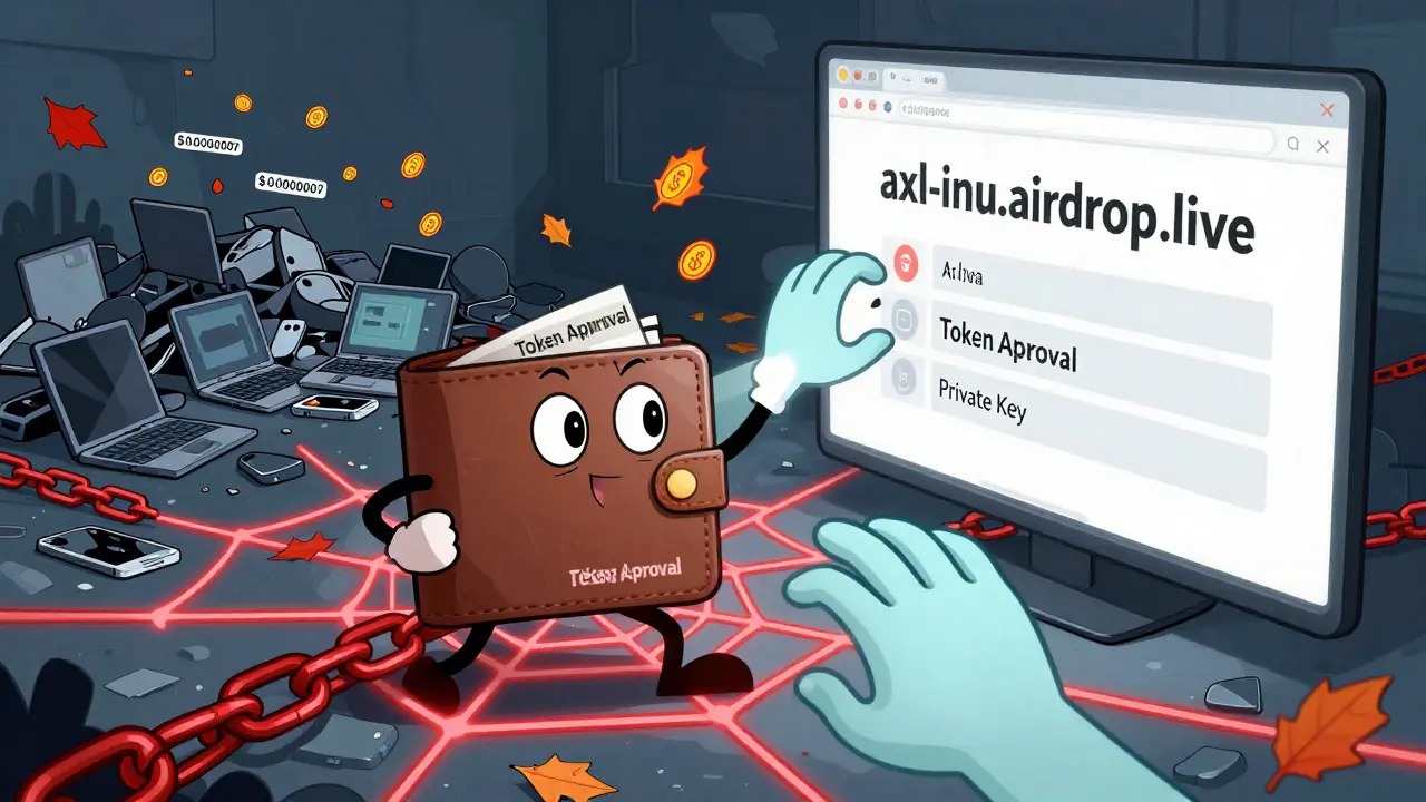 A wallet trying to escape red chains labeled 'Token Approval' while ghostly hands reach from a fake website.