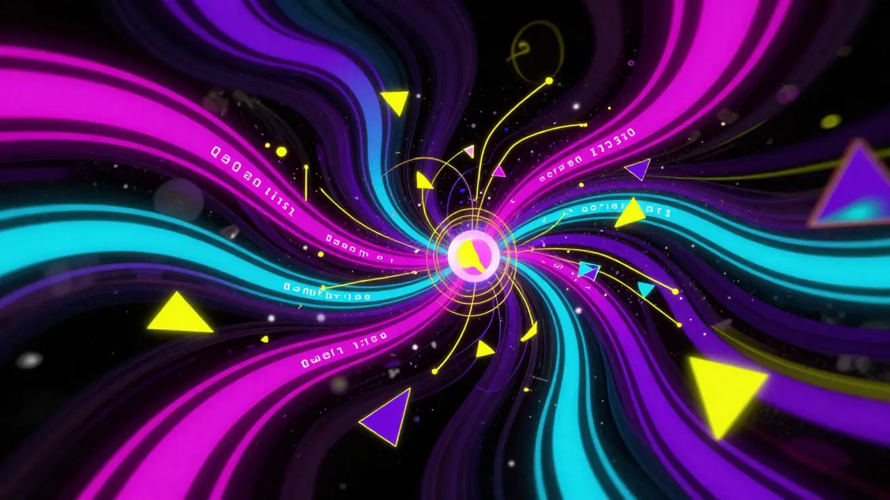 Abstract neon tokens flowing through swirling colored waves representing blockchain technology.