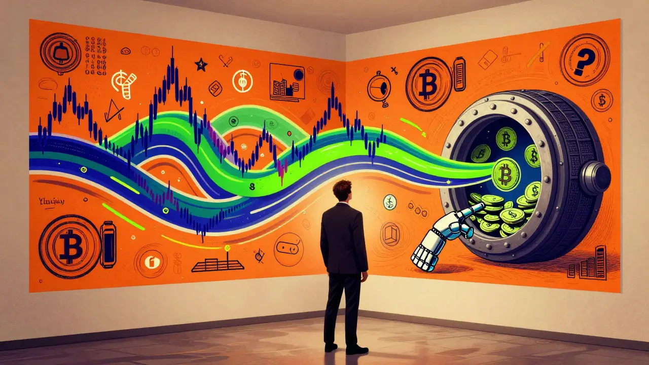 An investor watches chaotic market charts turn into smooth automated trading paths, surrounded by swirling crypto symbols in vintage poster style.