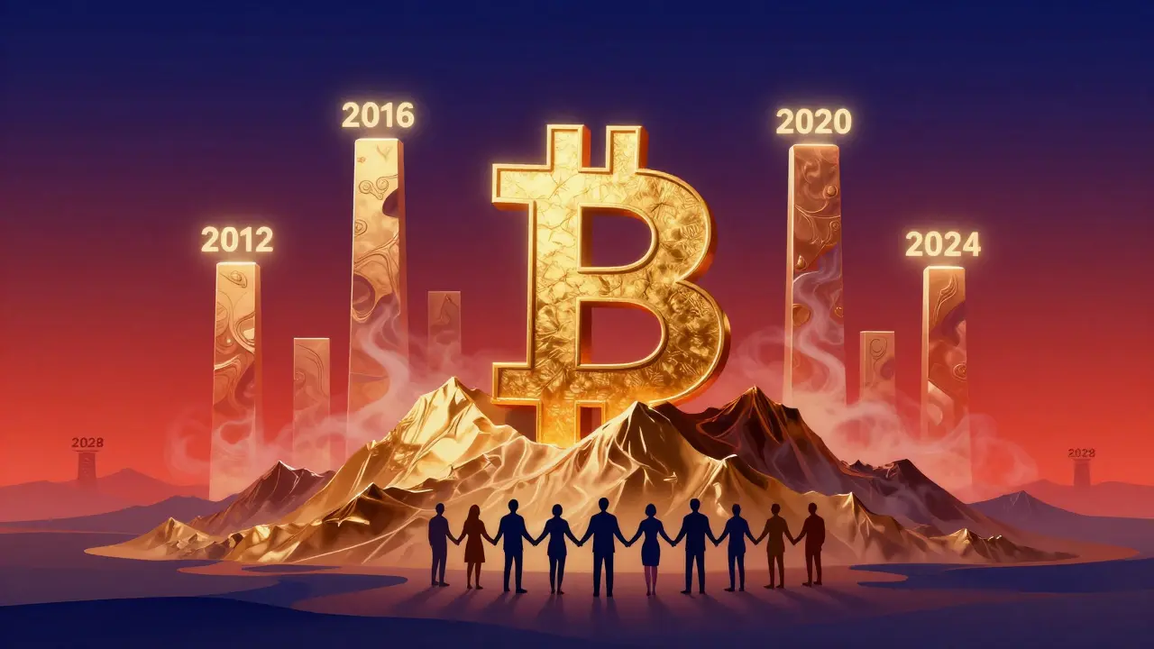 Bitcoin mountain with four past halving totems and fifth emerging, investors and miners gathered around.