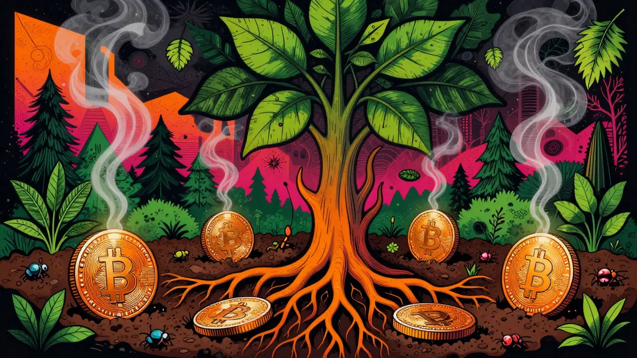 Coins dissolving into plant roots with vibrant psychedelic artistic design.