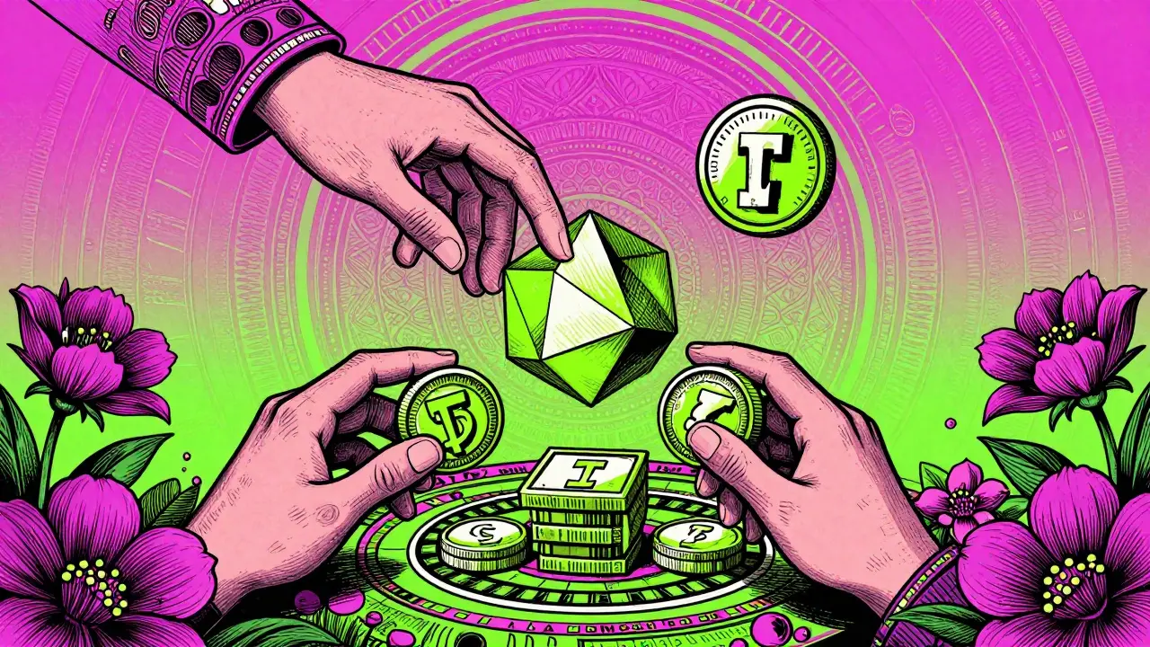 Community governance and reward system depicted with geometric shapes