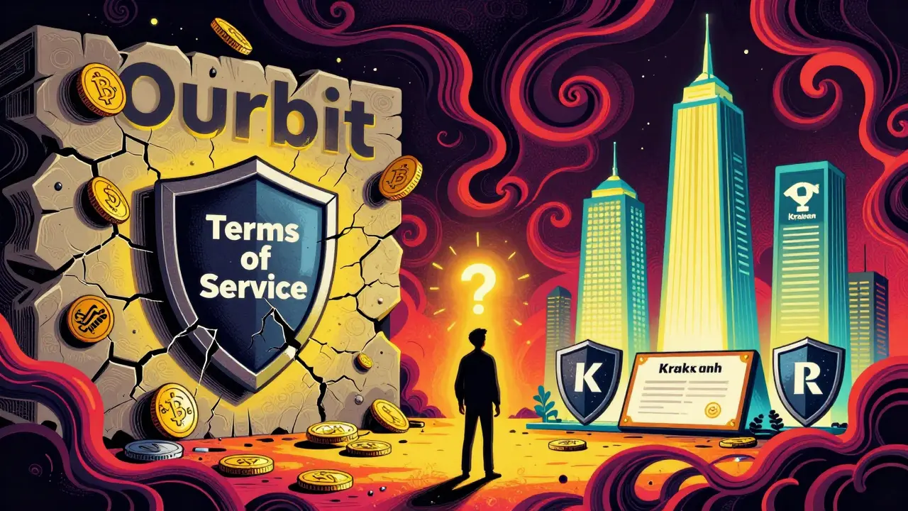 Contrasting crypto platforms: Ourbit crumbling vs. Kraken and Coinbase standing strong, in vintage psychedelic poster style.