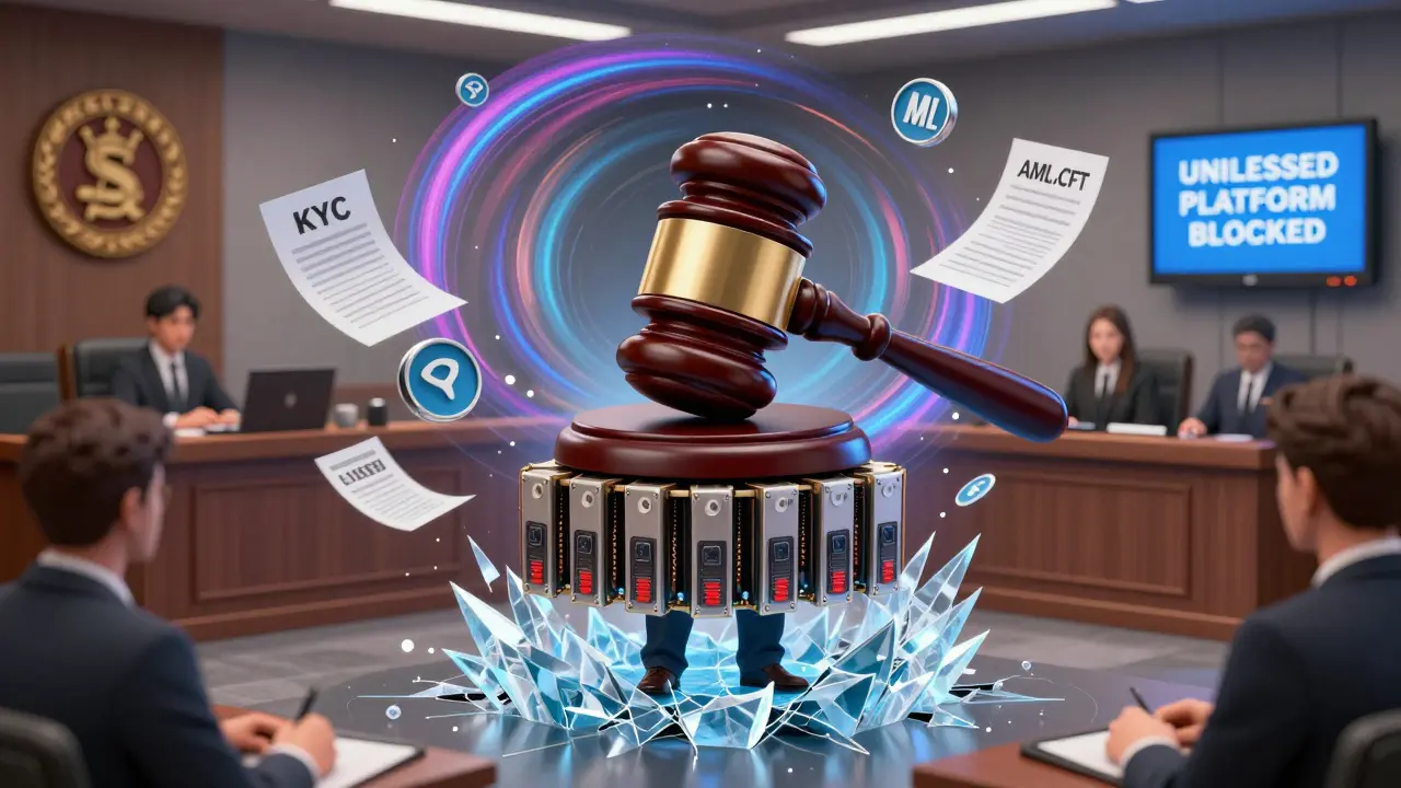 Courtroom with mining rig gavel and freezing bank accounts in psychedelic illustration style.