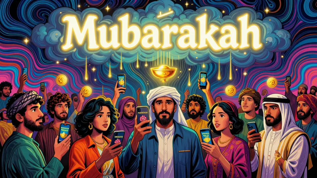 Crowd holding phones as golden blessings rain down with a giant glowing 'Mubarakah' in the sky.