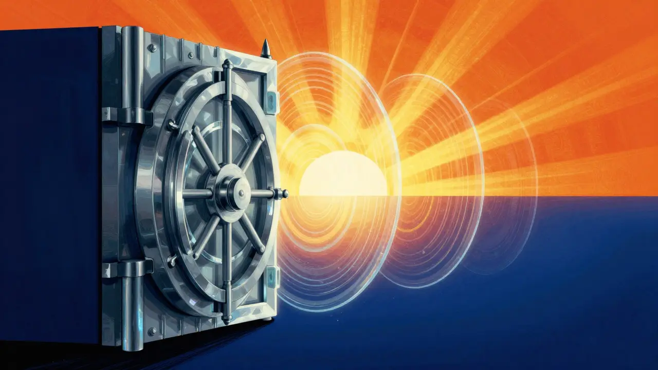 Crystalline vault opening to a golden horizon with energy shields in retro psychedelic art style.