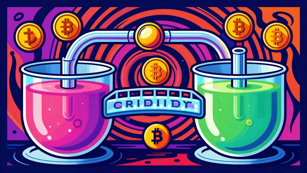 Digital tokens flowing through a liquidity bridge in colorful illustration