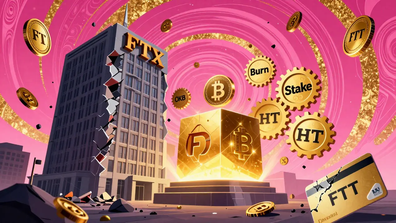 Falling FTT tokens amid crumbling FTX building, while other exchange tokens stand strong on a blockchain pedestal.