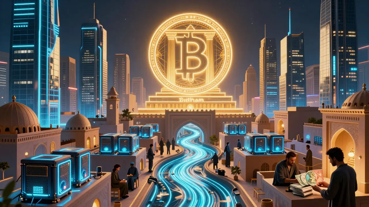Futuristic Moroccan city with glowing e-Dirham rivers and hidden crypto trading tunnels.