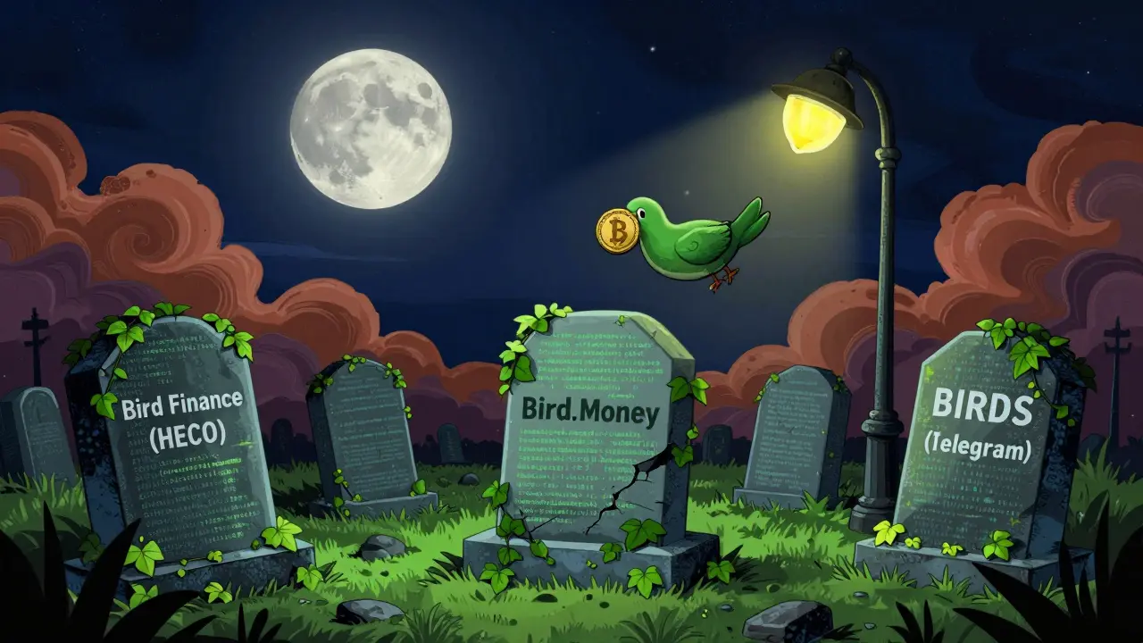 Graveyard of failed DeFi projects with wilted BIRD tokens floating above cracked contract addresses under moonlight