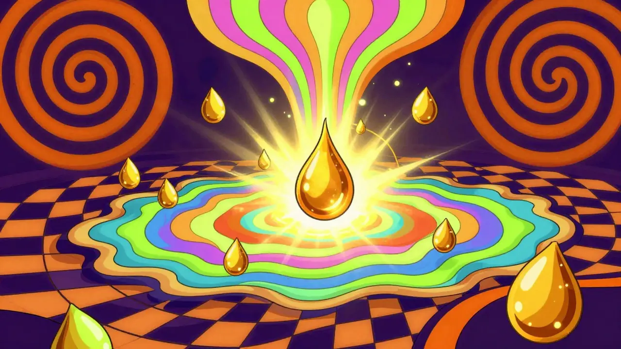 Groovy abstract art showing liquid gold coins flowing into a glowing exchange pool.