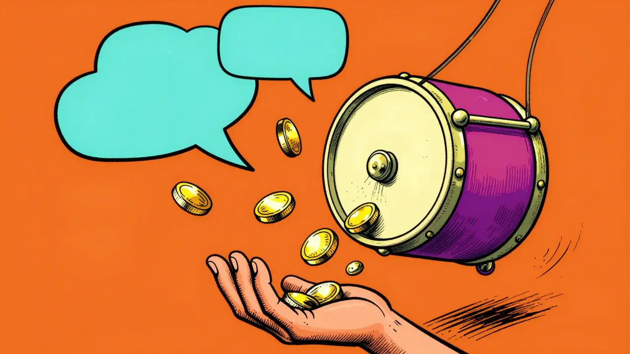 Lottery drum releasing golden tokens toward a waiting hand in retro art.