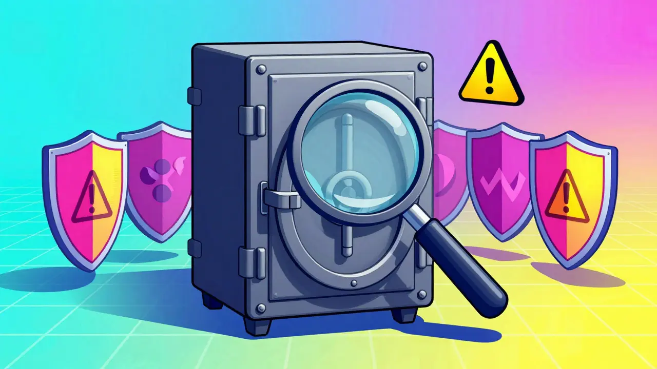Magnifying glass over crypto vault with protective shields nearby.