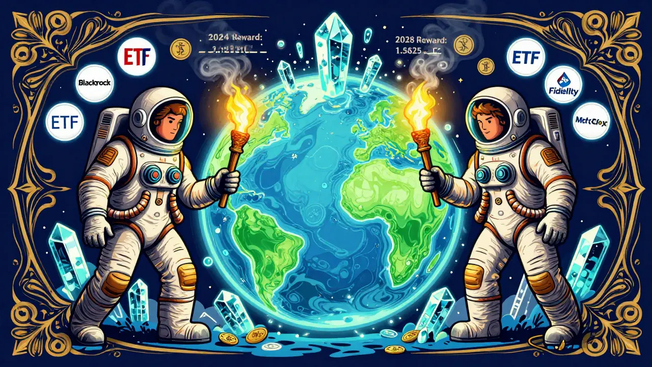 Miners transitioning from 3.125 BTC to 1.5625 BTC reward, ETF logos and Mt. Gox coins fading away.