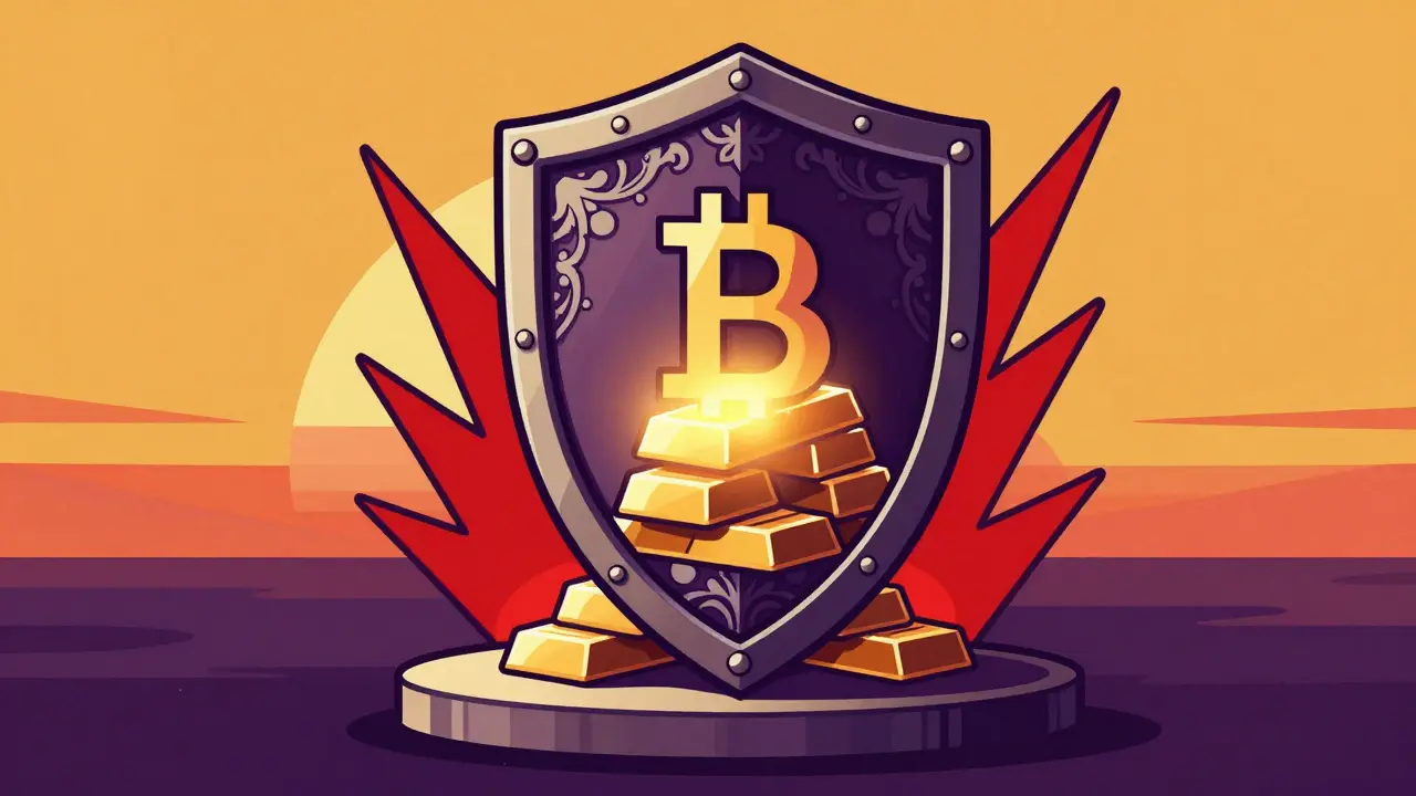 Protective shield guarding cryptocurrency bars against abstract risk shapes.