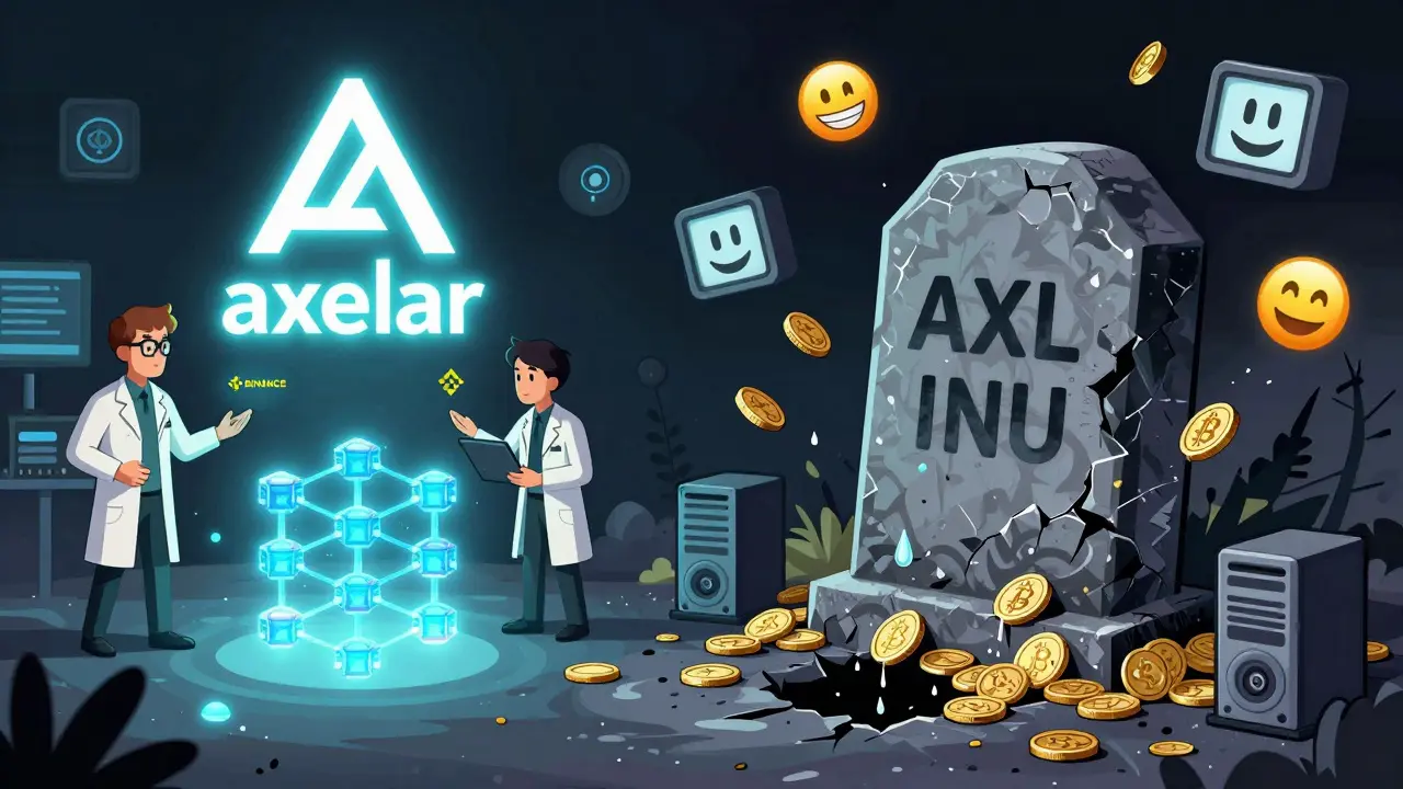 Split scene: legitimate Axelar Network on one side, crumbling AXL INU tombstone on the other with fake timers and emojis.