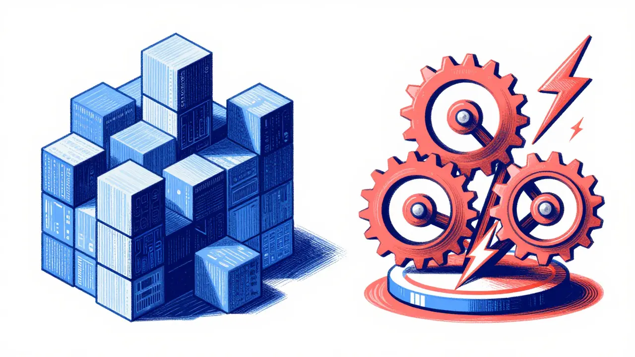 Split view of block structure versus gears, stylized crypto tools.