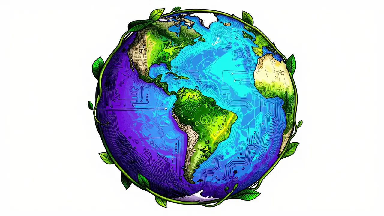 Stylized globe wrapped in vines and circuit patterns in retro poster art.
