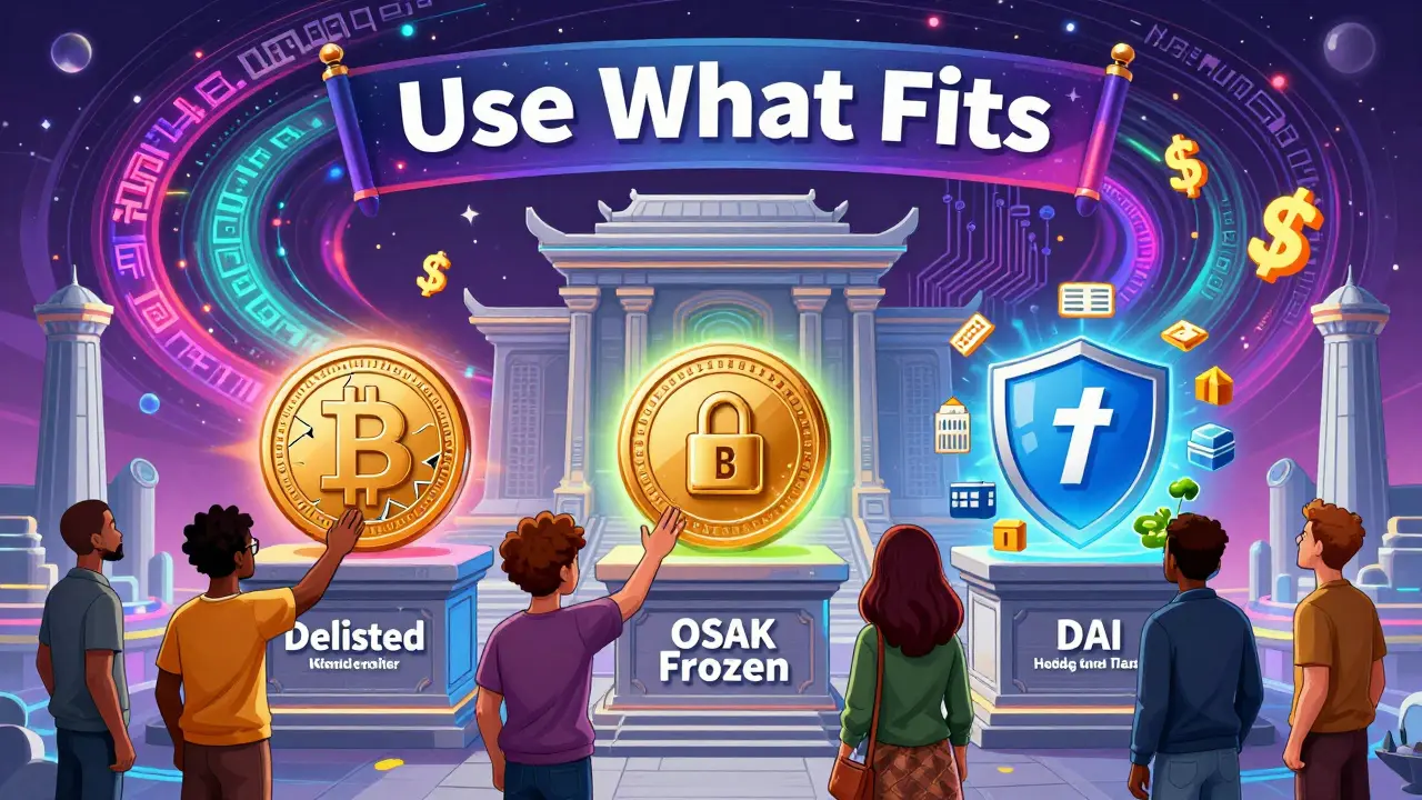 Three altars for stablecoins in a DeFi temple, with users reaching toward USDT, USDC, and DAI under a cosmic banner in psychedelic illustration style.