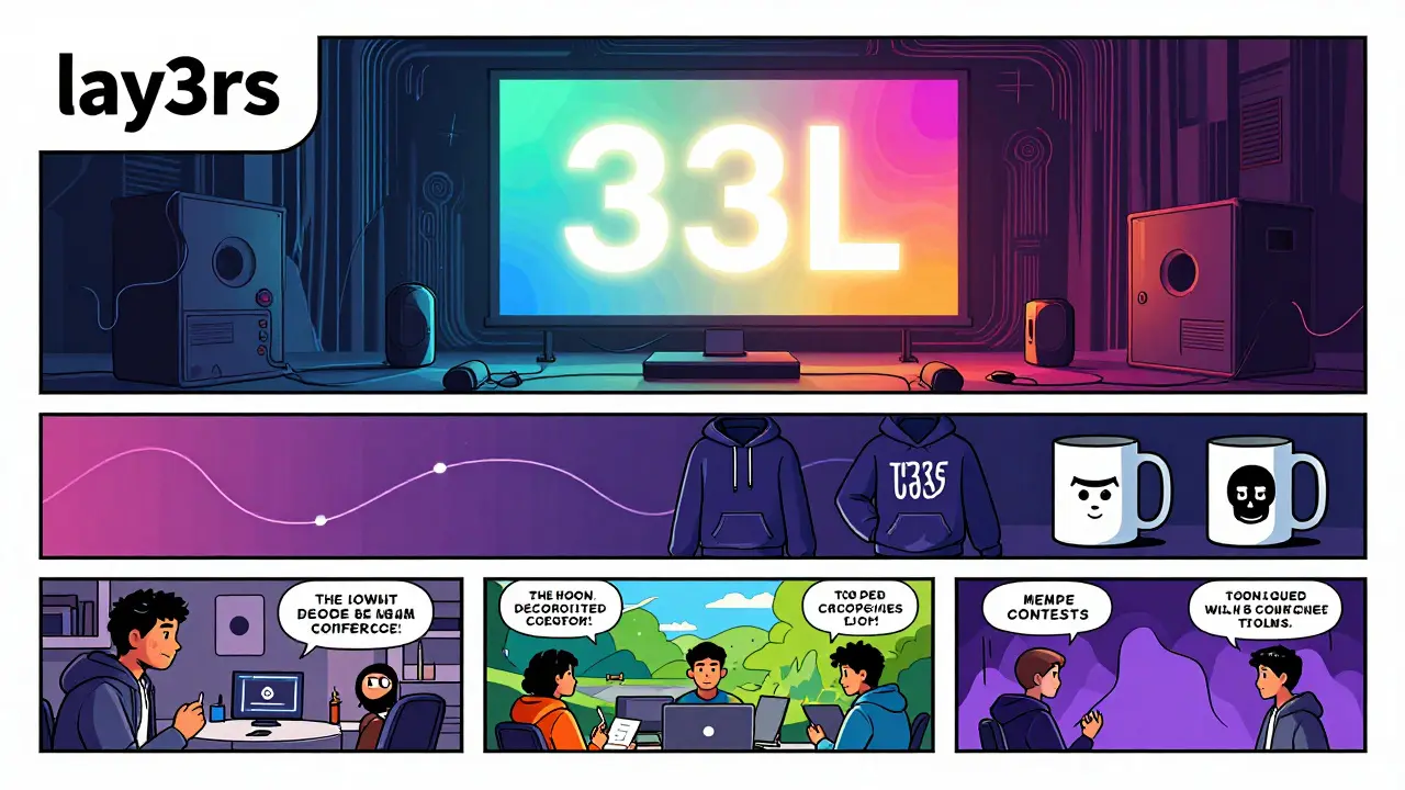 Three layers of THE P33L ecosystem unfold: memes, merch, and AI films under a glowing 33L screen.