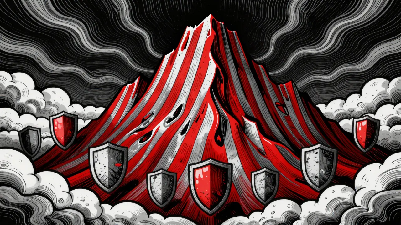 Trippy artwork depicting a steep financial wave with a shield symbolizing security risk.