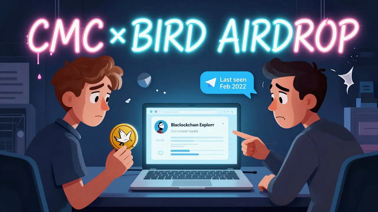 Two users confused by a dead blockchain screen and silent Telegram chat with peeling 'CMC×BIRD AIRDROP' graffiti