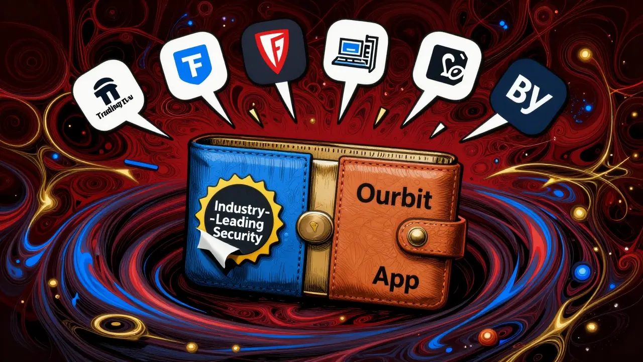 User's wallet being pulled into Ourbit vortex as regulators warn, with missing features floating nearby in Wes Wilson art style.