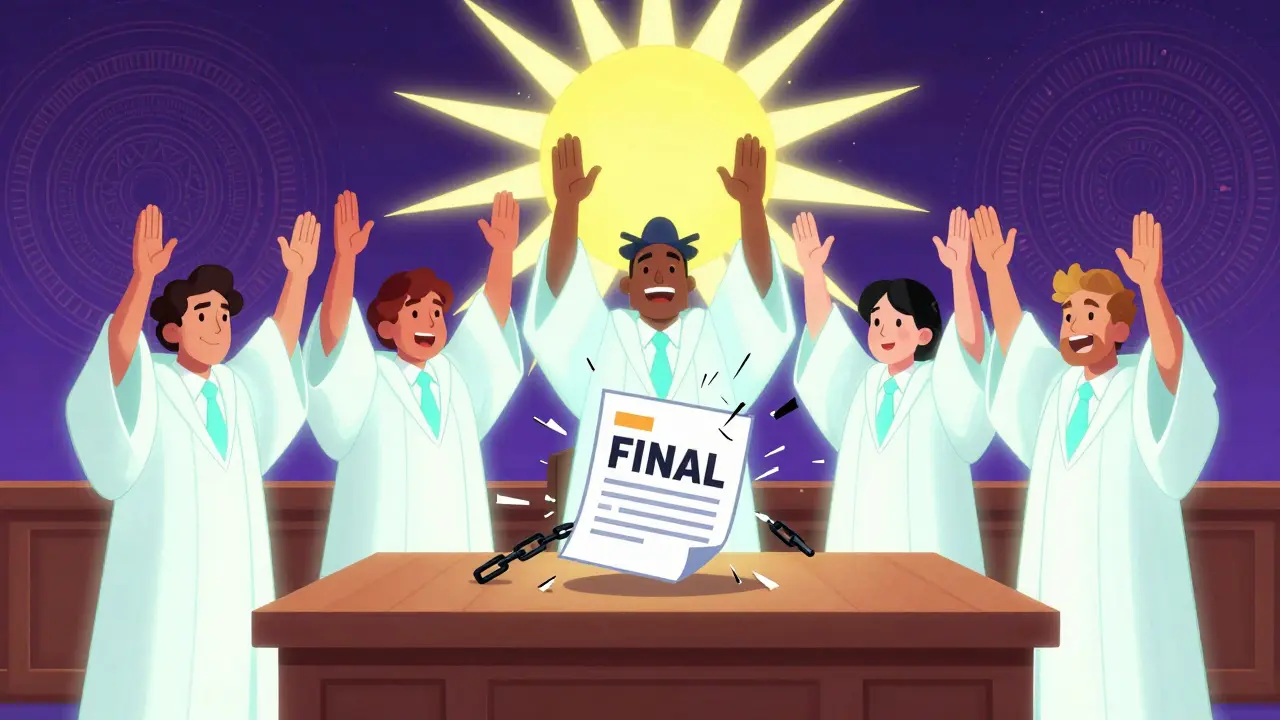 Validators in glowing robes confirming a transaction under a neon sunburst, representing deterministic finality.