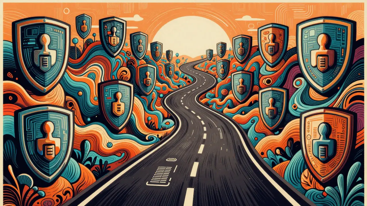 Winding abstract road with security shields in groovy style.