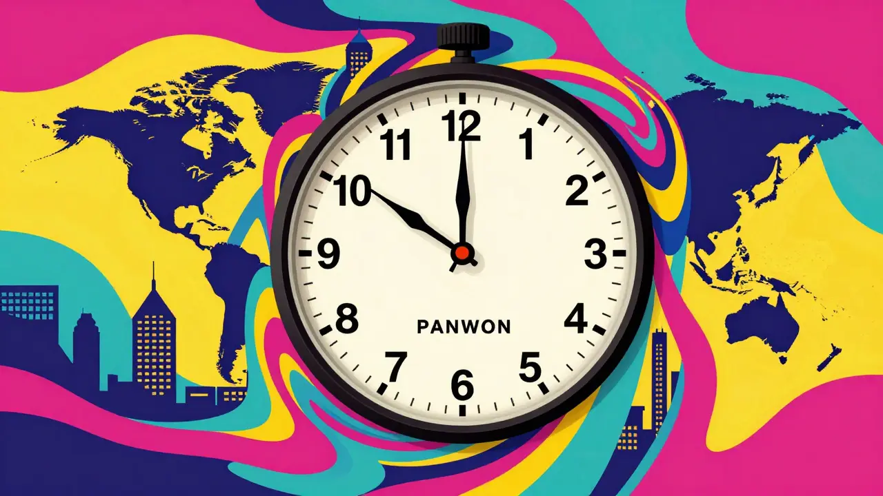 A distorted psychedelic clock symbolizing 24/5 global trading.