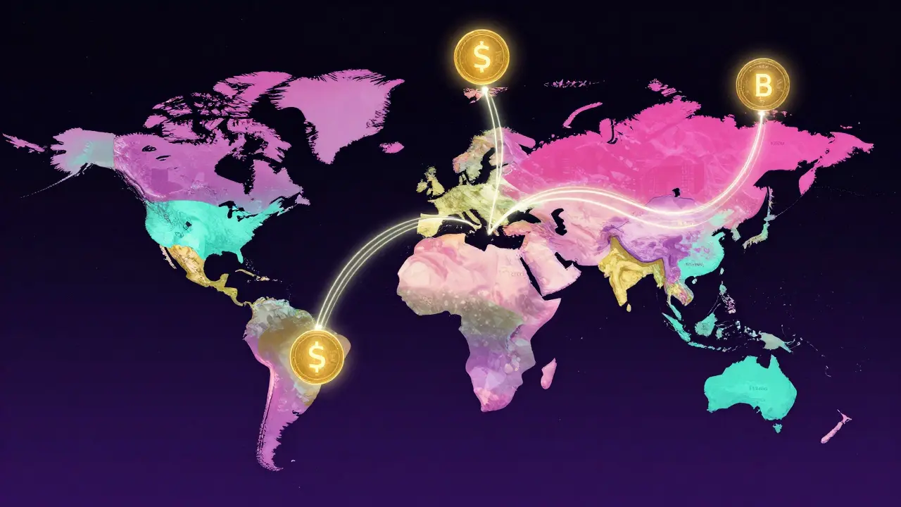 A psychedelic world map with glowing tokens and neon lines connecting global cities.