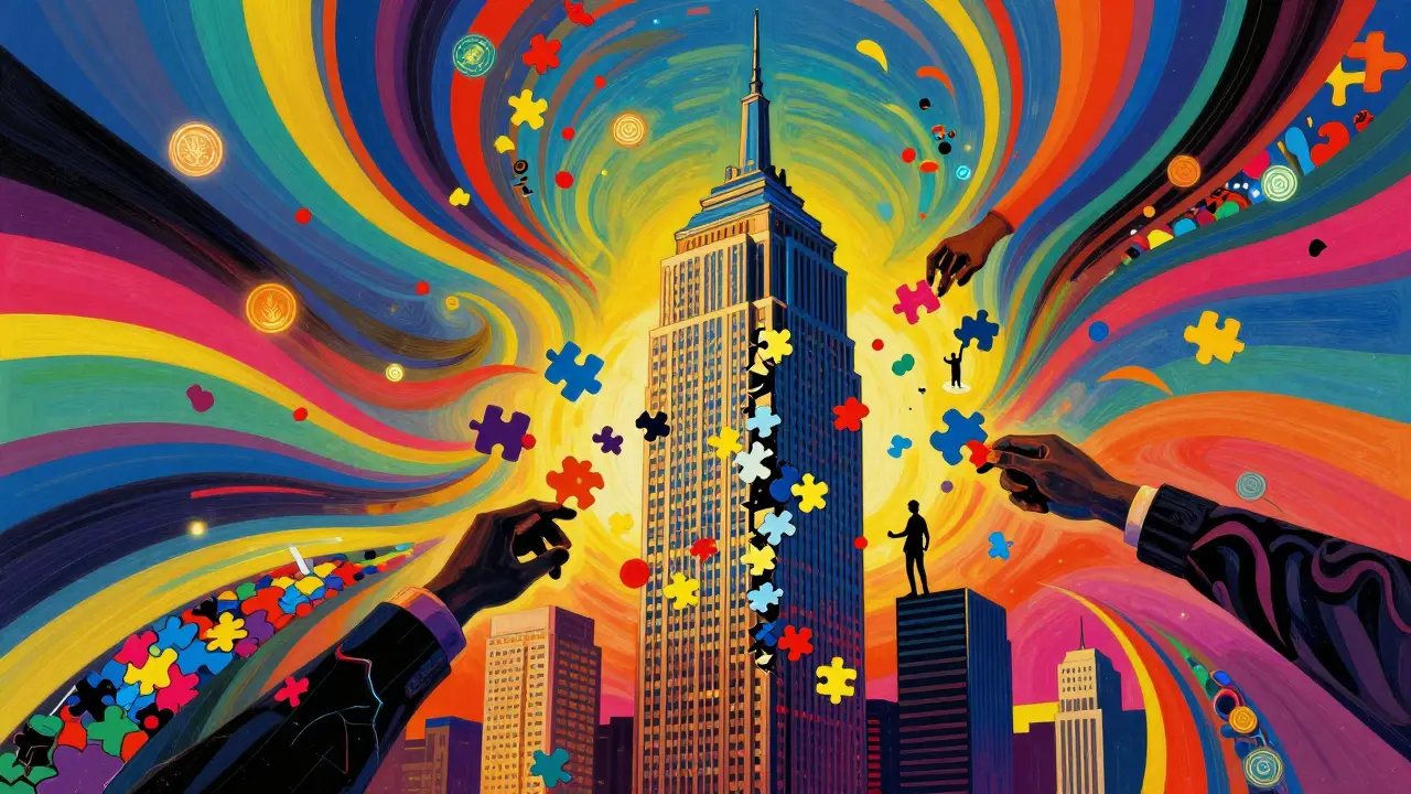 A skyscraper broken into small colorful fragments held by people in a swirling illustration style.