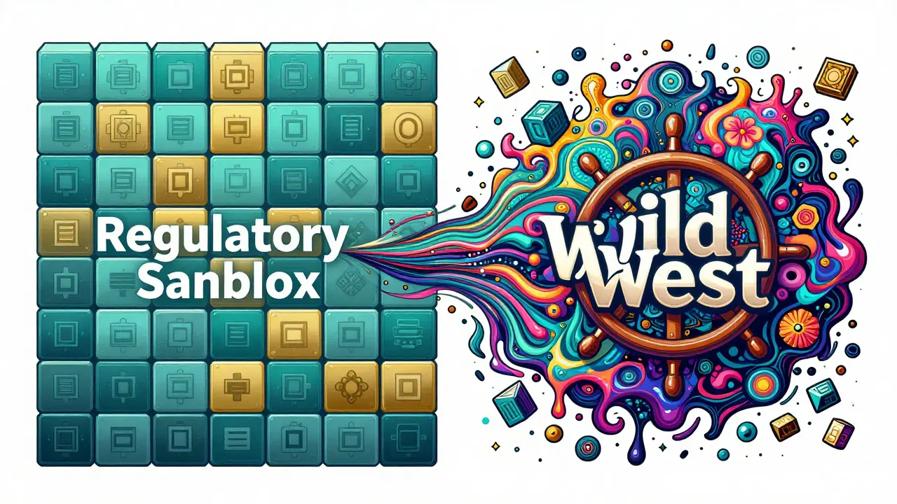 Abstract art contrasting a controlled government blockchain with decentralized crypto chaos.