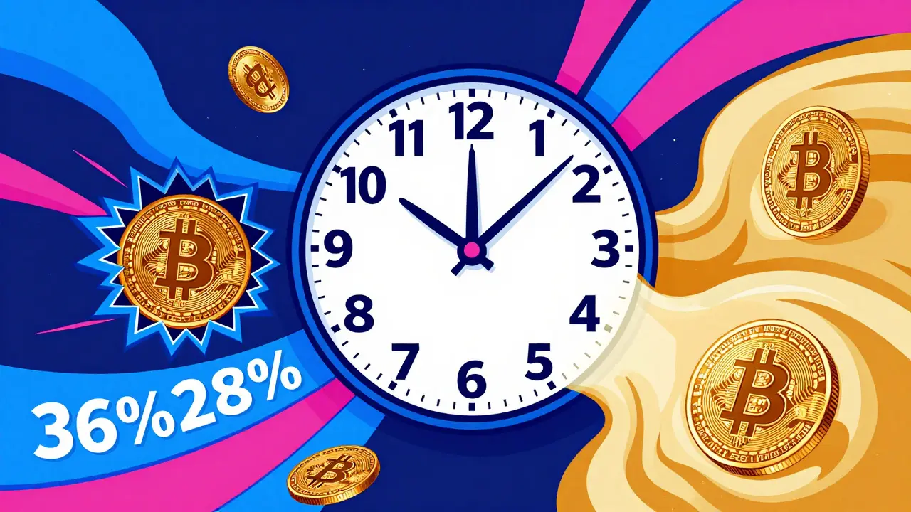 Abstract clock and crypto coins illustrating the 365-day tax rule in Portugal.