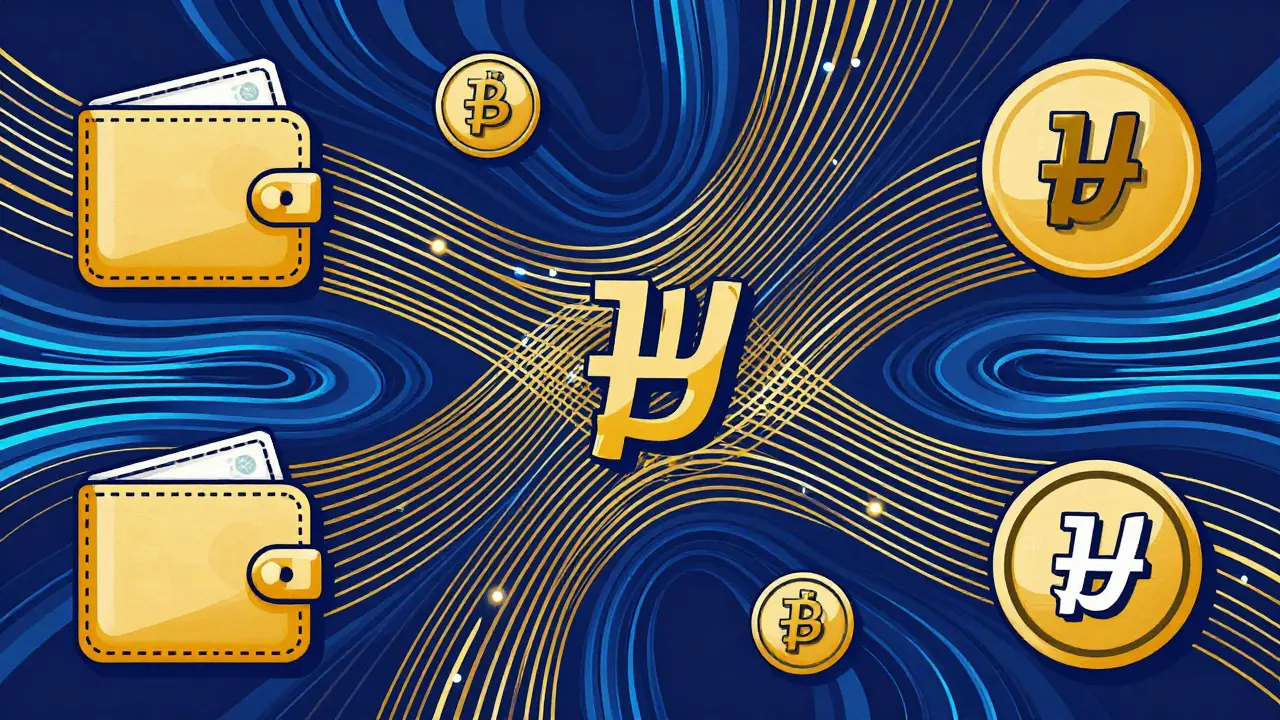 Abstract flow of Rupiah and digital assets in a vibrant, curvy graphic style