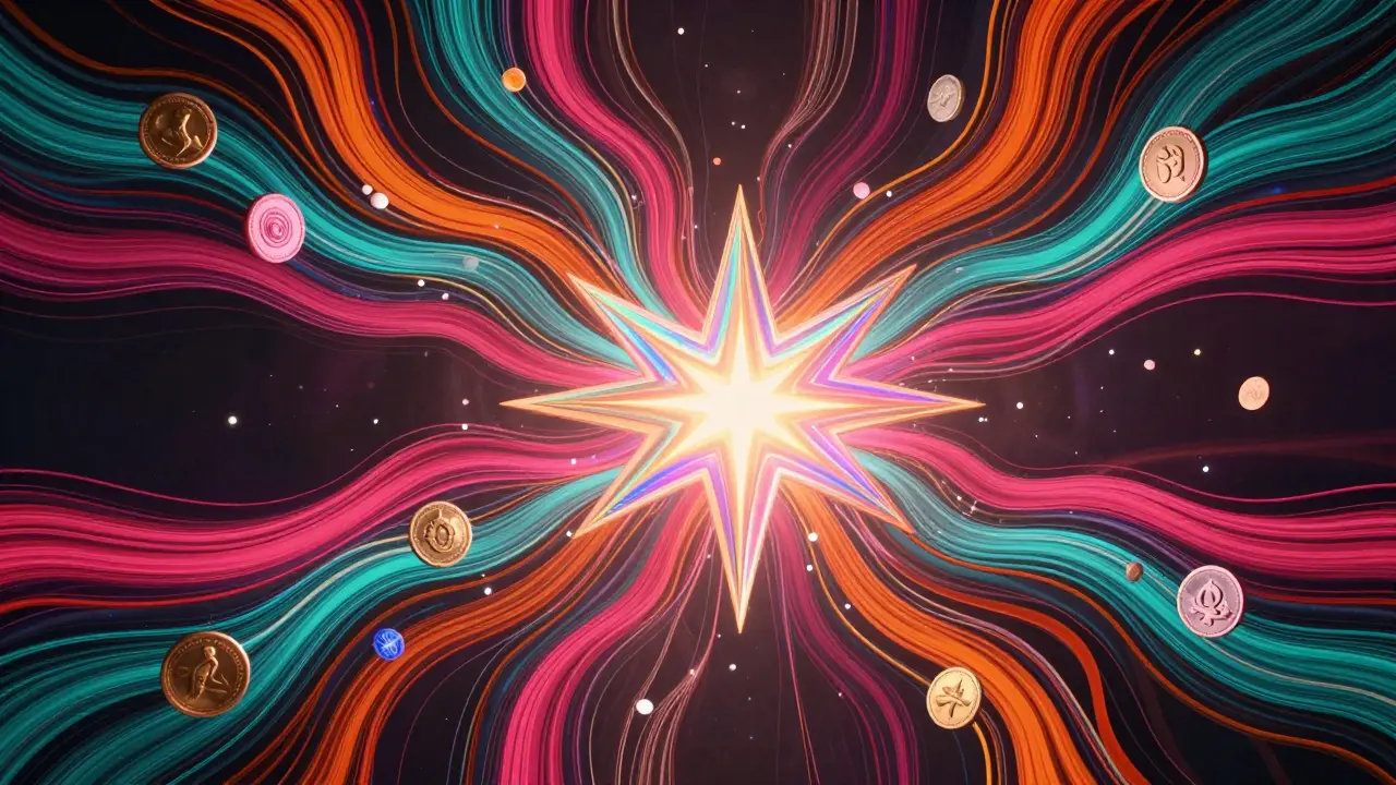 Abstract flowing ribbons connecting digital assets in a vibrant psychedelic network