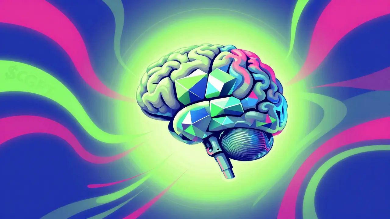 Abstract fusion of a robotic brain and blockchain structure using swirling neon colors and organic lines.