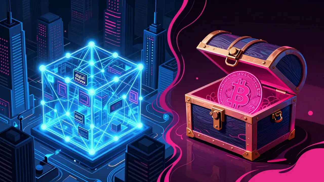 Abstract graphic showing a glowing blockchain network next to a locked crypto chest.